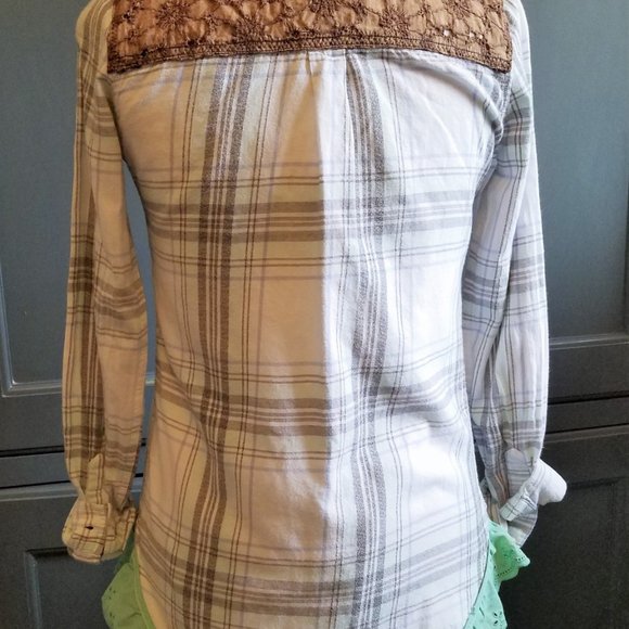 Upcycled Plaid Shirt Lace Eyelet Lace Green Lace OOAK - Picture 3 of 6